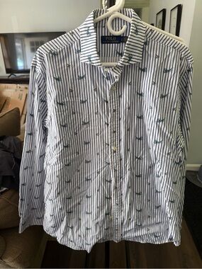 Ralph Lauren Blue and White Striped Button-Down Shirt with Little Bugs